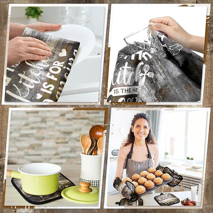 Fourluoo 10 Pcs Farmhouse Kitchen Decor and Accessories Set 4 Kitchen Towels 2 Pot Holders 2 Oven Mitts 2 Rugs for Cooking Baking Mom Housewarming Gifts(Brown Gray,Classic Style)