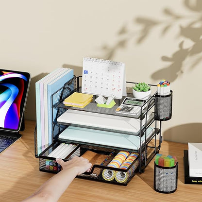 Marbrasse Desk Organizer and Accessories，4-Tier Paper Letter Tray Organizer with File Holder, Desk Accessories & Workspace Organizers with Drawer and 2 Pen Holder (Black, 15.4" x 9.1" x 8.3")