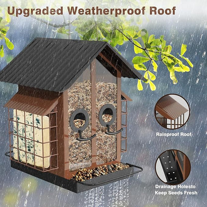 Bird Feeders for Outdoors, Metal Bird Feeder with Double Suet Cage Weatherproof Metal Roof, 2 in 1 Mixed Seeds Suet Feeder, 4Lbs Large Capacity, Great for Finch、Cardinal、Chickadee（Brown）