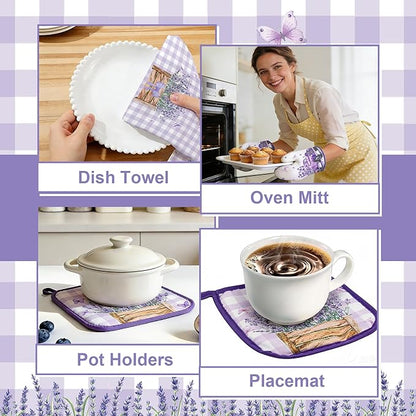 8 Pcs Lavender Spring Kitchen Towels Pot Holders and Oven Mitt Set Kitchen Accessories 4 Dish Towels 2 Absorbent Square Potholders 2 Heat Resistant Glove for Cooking Baking Home Gifting