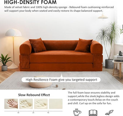 80" Convertible Sofa Bed, 3-in-1 Corduroy Folding Pull Out Couch with Pillows, No Assembly Modern Boneless Couch Compression Sofa in Box, Floor Sofa with Side Storage Pocket for Living Room, Orange