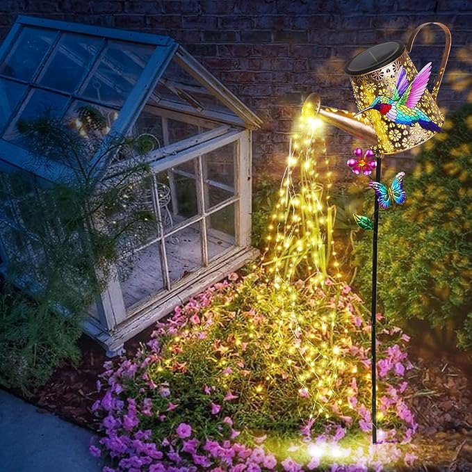 Solar Lights Outdoor Decorative,Metal Solar Watering Can Lights with Hummingbird, Waterproof Garden Stake for Yard Lawn Patio Pathway Landscape