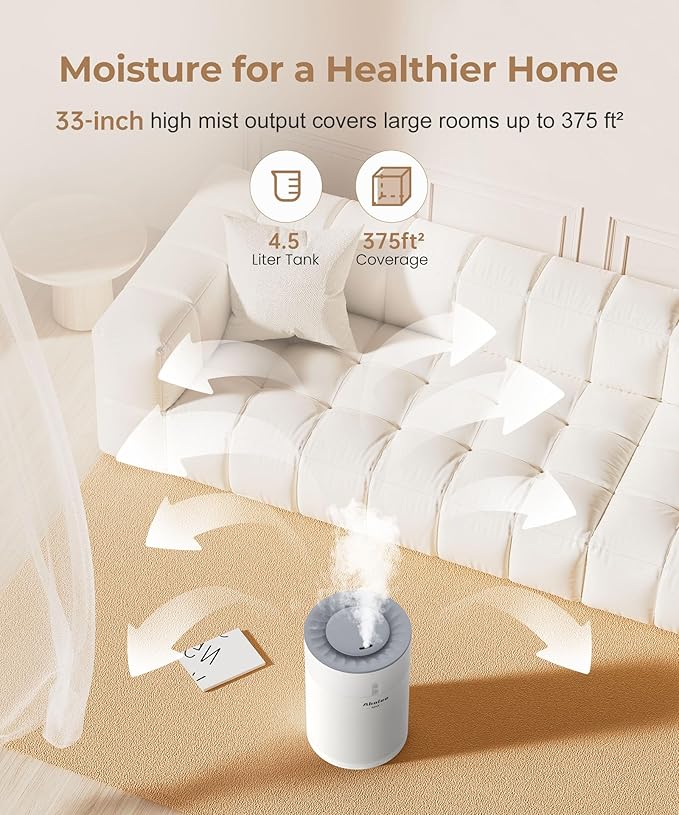 Abolee Humidifiers for Bedroom 4.5L Cool Mist with Essential Oil Diffuser, Humidifier Large Room, 24dB Quiet Air Humificador fit Baby Nursery & Plants, 360° Adjustable, Easy Fill & Cleaning (White)