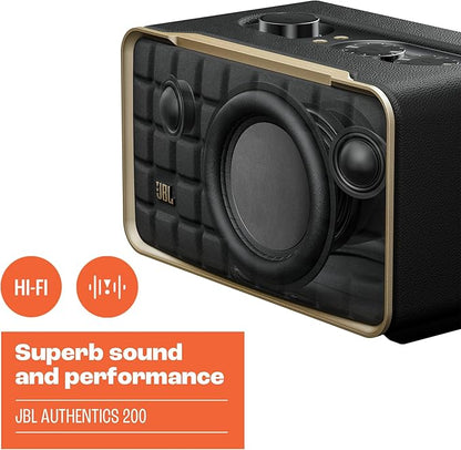 JBL Authentics 200 - Retro Style Smart Home Speaker with Built in Wi-Fi, Bluetooth and Voice Assistants, Alexa and Google Assistant, Multi-Room Playback, Automatic self tuning (Black/Gold)