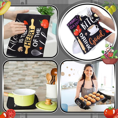 Fourluoo 10 Pcs Farmhouse Kitchen Decor and Accessories Set 4 Kitchen Towels 2 Pot Holders 2 Oven Mitts 2 Rugs for Cooking Baking Mom Housewarming Gifts(Bright Color, Novel Style)