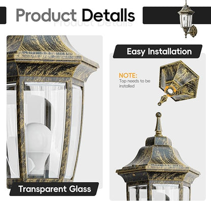 EMART Dusk to Dawn Outdoor Porch Light, Exterior Anti-Corrosion, Waterproof Aluminum & Glass Shades Wall Lamp Fixture, Modern Sconce Lantern for Yard, House, Garage - 2 Pack, Gold （Bulb Included）