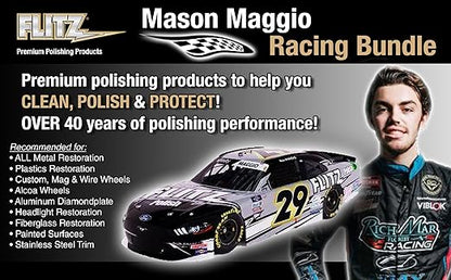 Flitz Mason Maggio Racing Bundle - USA-Made Car Cleaning Kit - Includes 1lb Polish, 32oz Sealant, 16oz Metal Pre-Clean, 2 Buff Balls, & 4 Microfiber Cloths - Professional Car Detailing Kit to Restore
