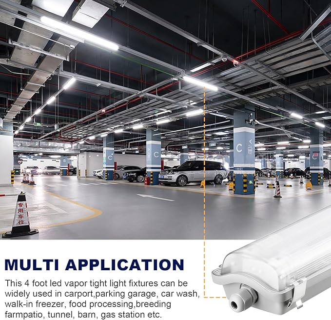 BRILLIHOOD 4Ft LED Vapor Tight Light Fixtures, 48W, 4200LM, 6500K Bright White, Clear Cover, IP65 Waterproof Vapor Proof Lights for Car Wash, Garage, Walk in Freezer, Indoor Outdoor Lighting, 2-Pack