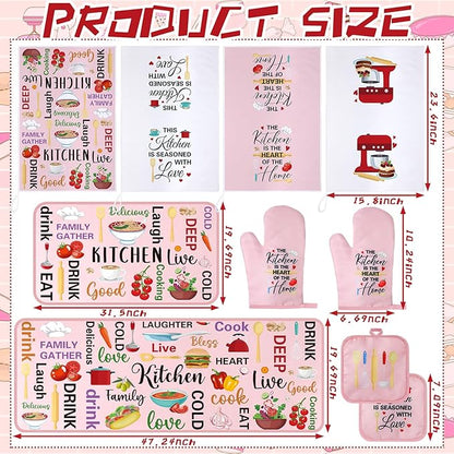 Fourluoo 10 Pcs Cuisine Pink Kitchen Decor and Accessories Set Pink Kitchen Towels Rugs Pot Holders Oven Mitts for Chef Cooking Baking Mom Housewarming Gifts