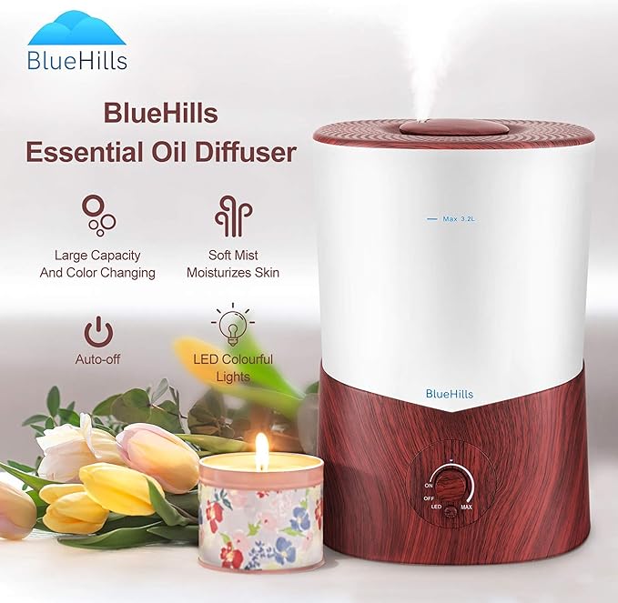 BlueHills Premium 3000 ML XL Essential Oil Diffuser Aroma Humidifier 3 Liter Big 3L Capacity Huge Size Plant Baby Living Room Home Decor Aromatherapy Diffuser for Large Room Dark Wood Grain 3L-K3
