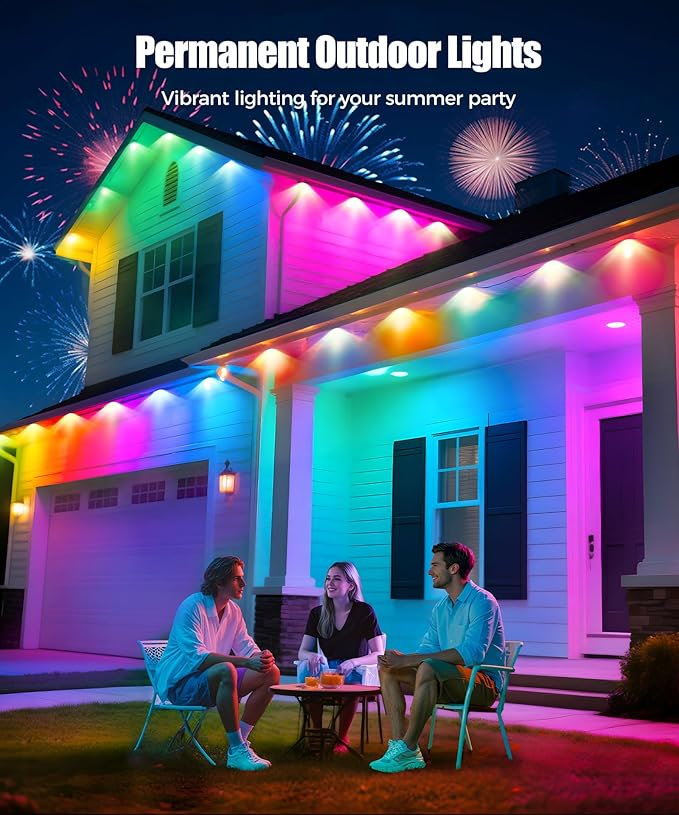 POOFZY Permanent Outdoor Lights for House,16.5ft RGB+IC Smart Outdoor Decor, 50 Scene Modes,App/Remote Control,IP67 Waterproof,for Christmas,Halloween,Daily & Holiday Party Decor,House Roof Lighting