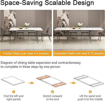 Expandable Rectangular Dining Table (62.9" to 94.4") – Modern White Sintered Stone Top, Adjustable Table for 6 to 10 People for Dining Room Family Gathering