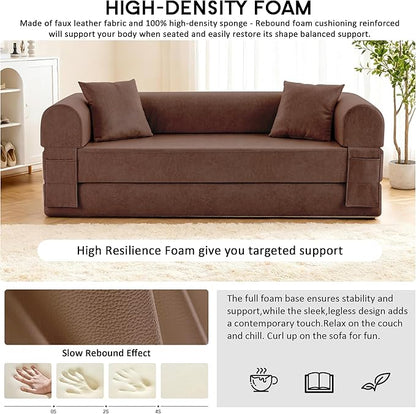 78.5" Convertible Sleeper Sofa Bed, Faux Leather Folding Floor Sofa with Pullout Bed&2 Pillows, No Assembly Modern Boneless Couch Compression Sofa in Box with Storage Pocket for Living Room, Brown