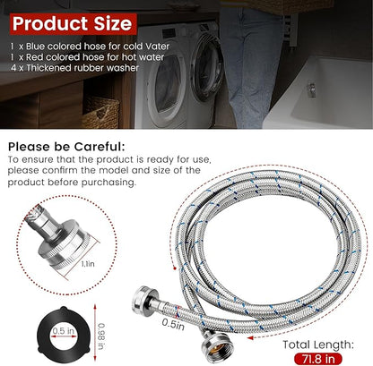 6Ft Stainless Steel Washing Machine Hose by Puxyblue for All Washers - 2 Pack Burst Proof Red and Blue Braided Hoses for Hot and Cold Water Supply - 10 Years Warranty