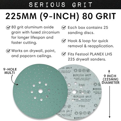 Serious Grit - 225mm 9-Hole 80 Grit Drywall Sanding Discs - Fits Festool Planex LHS 225 Sanders - Heavy-Duty Hook & Loop Film Abrasives - Dust-Free Multi-Hole Drywall Sander Sandpaper - 25 Pack