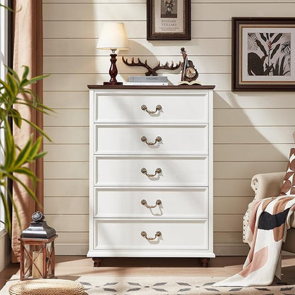 Farmhouse 5 Drawer Dresser for Bedroom, 45" Tall Rustic Chests of Drawers w/ 4 Solid Wood Feet, Mid Century Modern Wooden Closet Storage Dressers Organizer for Living Room, Hallway, White