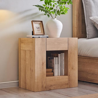 OKD Modern Nightstand with Charging Station, 24" Large Bedside Table, Rustic End Table with Drawers & Open Shelf for Bedroom/Living Room, Night Stand Wood Thick Design,Natural Oak