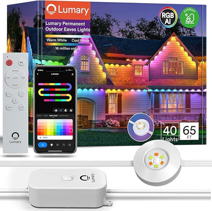 Lumary Permanent Outdoor Lights Pro with Remote, 40LED 53ft for House, 2000lm RGBAICW Smart Eave Light, Work with Alexa Google, Multi Scene for Daily Halloween Christmas Decor, IP67 Waterproof, White