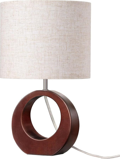 EDISHINE 13.4" Wood Table Lamp, Small Bedside Lamp with Beige Linen Lampshade & ON-Off Switch, E26 Base, Modern Nightstand Lamp for Living Room, Bedroom, Dark Walnut