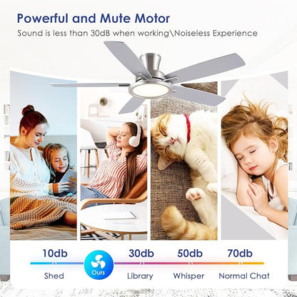 52" RGB Ceiling Fan with Light and Remote/App - Flush Mount Ceiling Fan Light with Reversible Mute Motor, RGB Ring, 5 Dual-Sided Blades, Low Profile Ceiling Fans for Indoor, Party