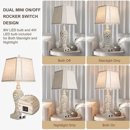 28.5" Table Lamps Set of 2 - Bedside Lamp with Fabric Shades - for Bedroom and Living Room with USB and Nightlight - Perfect for Nightstands and Bedrooms