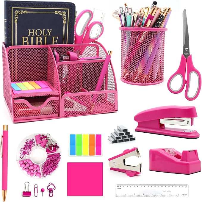 12 in 1 Hot Pink Desk Organizers and Accessories Set, Gifts for Coworkers Women, Office Supplies Stapler Pen Holder Tape Holder Staples Scissors Ruler Staple Remover