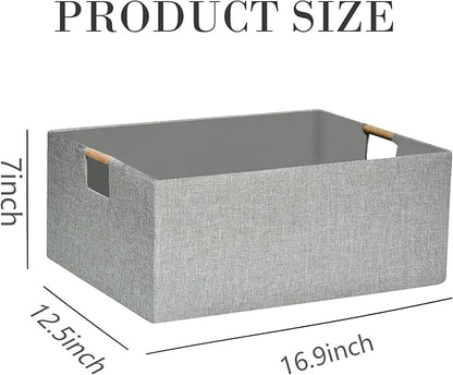 Collapsible Storage Box for Women - Foldable Home Organizer 16.9x12.5x7Inches with Wooden Handles | Closet, Bathroom & Kids Room Storage | Heavy-Duty Linen Fabric 2Pack