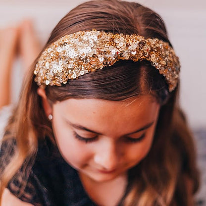 FROG SAC Sequin Knot Headband for Girls - Gold Knotted Head Bands for Kids, Sparkly Little Girl Headbands, Cute Tween Beaded Hair Band Accessories, Easter Basket Fillers Stocking Stuffers