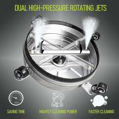 Hourleey 16" Pressure Washer Surface Cleaner, Stainless Steel Surface Cleaner with 4 Wheels for Concrete, Patio, Sidewalk, Deck, Pathway 1/4" Quick Connector, 2 Extension Wand, 4000 PSI
