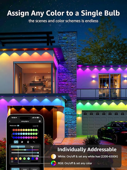 Lepro E1 AI Permanent Outdoor Lights APP Control, 50ft 30 LED Smart RGB+IC+Warm/Cool White House Eave Light for Halloween Christmas, Alexa Google Enabled, 2.4 GHz WiFi/Bluetooth, NO Remote Controller