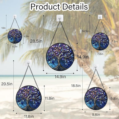 Stained Glass Window Hanging, Blue Purple Tree of Life Sun Catchers Colorful Glass Panel Plants Suncatcher Decor for Birthday for Women,Men,Wife, Lovers, and Mom 11.8x11.8 in