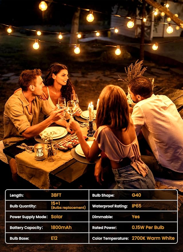 Brightown 38FT 16LED Solar String Lights Outdoor with Remote & USB Port, Shatterproof Bulbs, Dimmable & Timable, 3 Modes, Patio Lights with Mount Clips for Backyard Garden Decor - Last for 36+Hrs