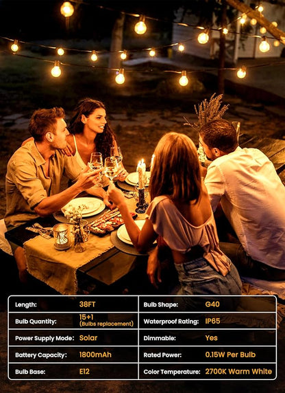 Brightown 38FT 16LED Solar String Lights Outdoor with Remote & USB Port, Shatterproof Bulbs, Dimmable & Timable, 3 Modes, Patio Lights with Mount Clips for Backyard Garden Decor - Last for 36+Hrs