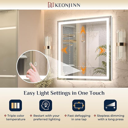 Keonjinn 30 x 36 Inch LED Bathroom Mirror with Lights, Vanity Mirror with Frontlit & Backlit, Dimmable 3-Color Temperature, Lighted Mirror with Anti-Fog, Tempered Glass(Horizontal/Vertical)