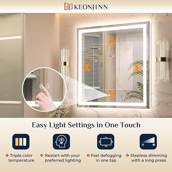 Keonjinn 24x32 Inch LED Bathroom Mirror with Light, Frontlit & Backlit, Lighted Mirrors for Bathroom Wall with Dimmable 3-Color Lights, Anti-fog Vanity Mirror with Tempered Glass, UL-Listed LED Driver
