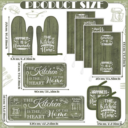 10 Pcs Farmhouse Kitchen Decor and Accessories Set 4 Kitchen Towels 2 Pot Holders 2 Oven Mitts 2 Rugs for Cooking Baking Mom Housewarming Gifts(Sage Green,Classic Style)