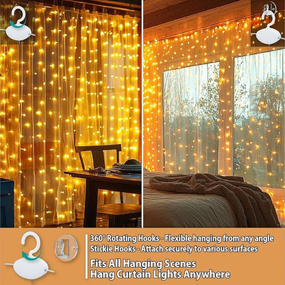 HXWEIYE 300LED Fairy Curtain Lights, 9.8x9.8Ft USB Plug-in 8 Modes Christmas String Hanging Lights with Remote for Bedroom Backdrop Wedding Indoor Wall Decor, Warm White, Standard – 1 Pack