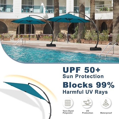 12FT Cantilever Umbrella with Base Large Curvy Outdoor Aluminum Offset Umbrella w/ 360° Rotation, UV Resistant Canopy for Patio, Garden, Backyard, Lake Blue