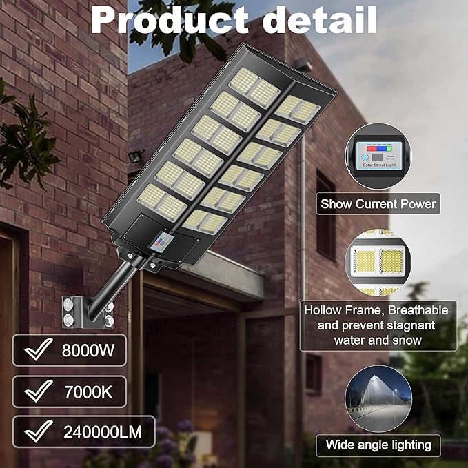 9000W Commercial Solar Parking lot Lights, 260000LM Solar Street Lights Outdoor Waterproof Wide Angle Lamp with Remote, Outdoor Motion Sensor Light for Parking Lots and Yard