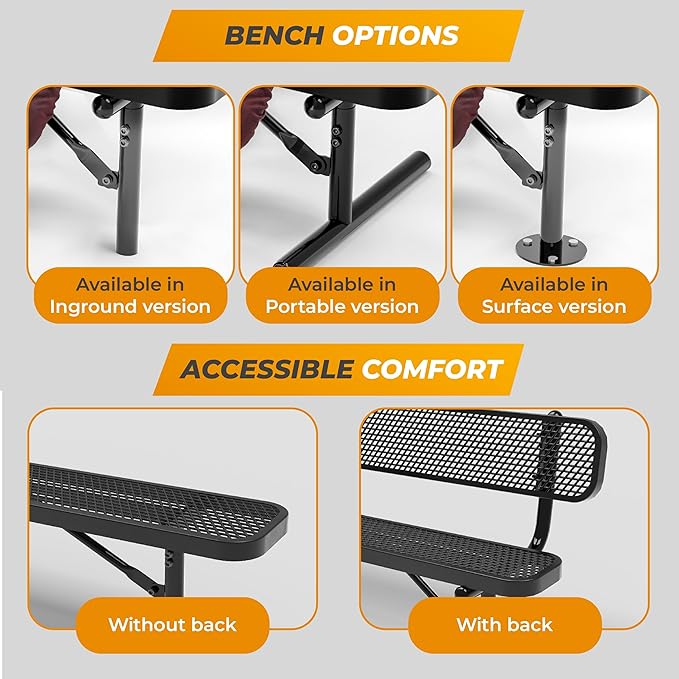 Heavy-Duty Outdoor Metal Bench, Thermoplastic-Coated, Surface, Weatherproof, Commercial-Grade for Parks, Gardens, Patios, Stores & More (6 Ft - Surface with Back, Brown)