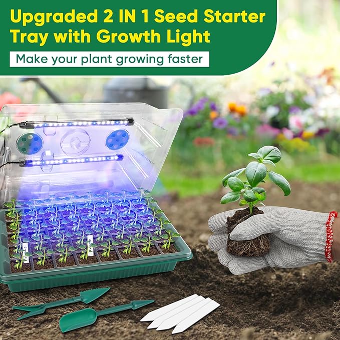 BlumWay Seed Starter Tray with Grow Light,3 Pack 120 Cells Seedling Tray with Humidity Dome/Indoor Grow Kit for Deep-Rooted Seedlings,Adjustable/Timed Light Plant Starter Set