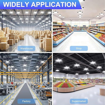 UFO LED High Bay Light 300W 4PACK 5000K High Bay LED Shop Lights 45000LM 0-10V Dimmable 1200W HID/HPS Replacement with 5' US Plug IP65 Hanging Hook UFO Lights for Shop Warehouse Garage Workshop