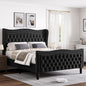 King Bed Frame with Tall Headboard & Footboard, Velvet Upholstered Platform Bed Frame with Deep Button Tufted Wingback, No Box Spring Needed, Noise Free, Black