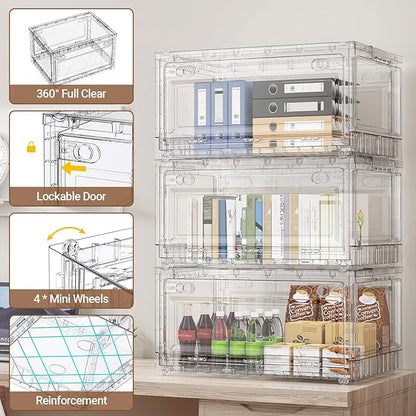 BROVIEW 80Qt Stackable Storage Bins with Lids Wheels, XL Clear Plastic Drawers Foldable Closet Organizers and Storage Cabinet Display Box Shelves with Front & Back Doors, for Home Office Garage,1Pack
