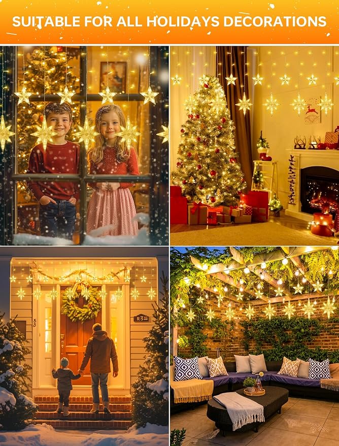 126 LED Star Icicle Lights,7.8ft Connectable Window Curtain Lights Plug in,8 Lighting Modes Timer Bethlehem Star Christmas Light for Indoor Outdoor,Bedroom,Wedding,Ramadan Decor,Warm White