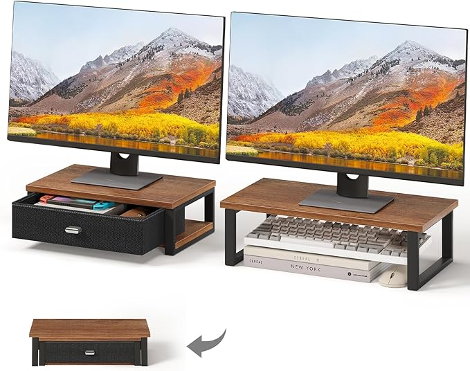 WOHOMO Dual Monitor Stand Riser with Drawers, Desk Organizers for 2 Monitors, Desktop Storage Stand for Computer,Laptop,Walnut
