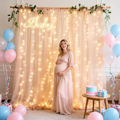 Ledido 3 Pack 10×10ft Beige Tulle Backdrop Curtains with Lights String - 900LED Fairy Lights Sheer Curtain Backdrop for Wedding Baby Shower Photo Shoot Birthday Party Decoration(6 Panels 5×10ft)，Beige