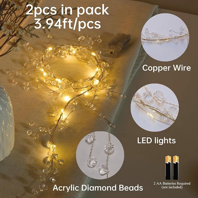 Diamond Beads String Strand with Fairy Lights Battery Operated - Clear Acrylic Crystal Bead Garland Short String Lights 3.94 Ft for Wedding Centerpiece Christmas Tree Party Decorations, 2 Pack