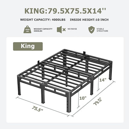 NKZ King Size Bed Frame 14 Inch, Metal Bed Frame & Box Spring 2 in 1 Platform with Round Corner Legs, 4000lbs Weight Capacity Reinforced Metal Frame, Headboard Hole, Noise-Free, Easy Assembly