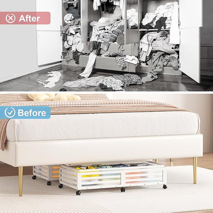 Under Bed Storage with Wheels-Large Bamboo Underbed storage Containers with Large Dust Bag Stackable Under the Bed Shoe Storage Bins for Clothes Books Bedding (2 Packs White, 33.07"L×16.54"W× 6.5"H)